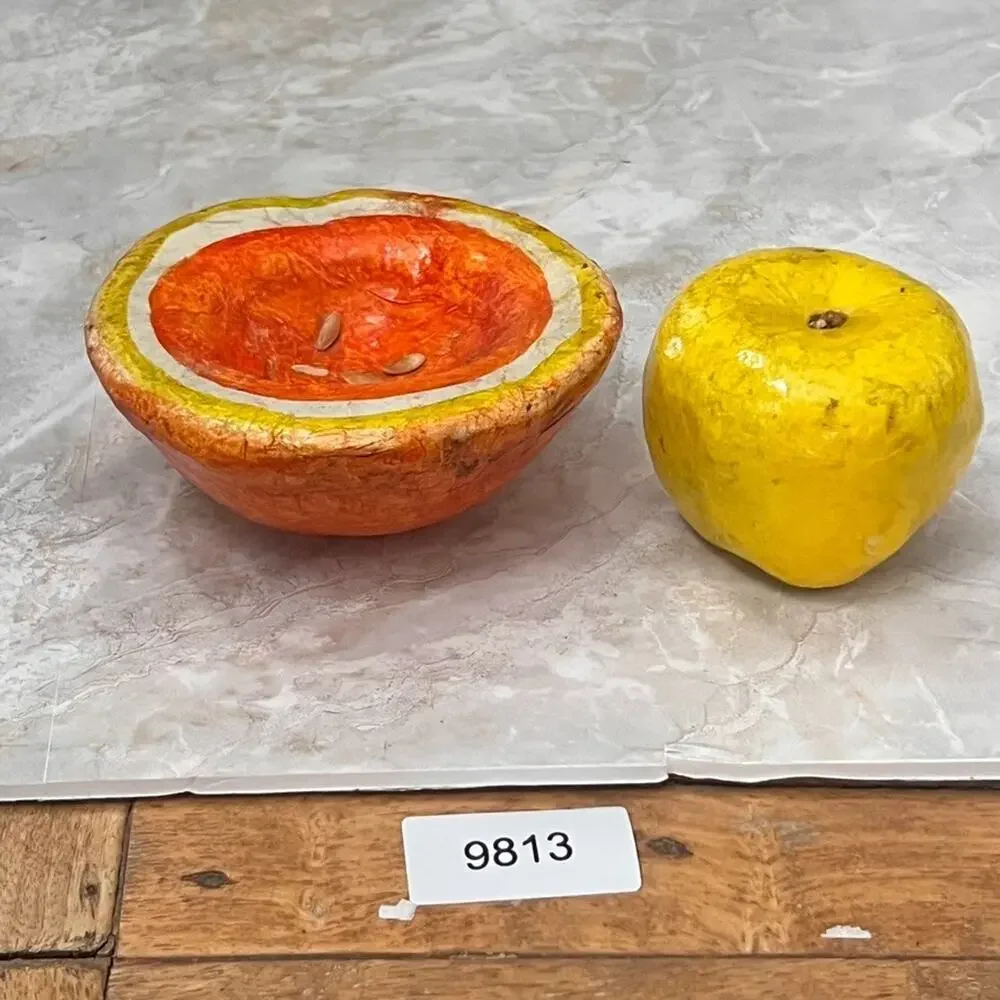 Paper-mache Yellow Apple & Grapefruit Vintage Display Decor Pair Of 2